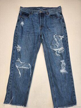 Old Navy High-Rise Slouchy Straight Distressed Jeans Size 8 Blue Button Fly